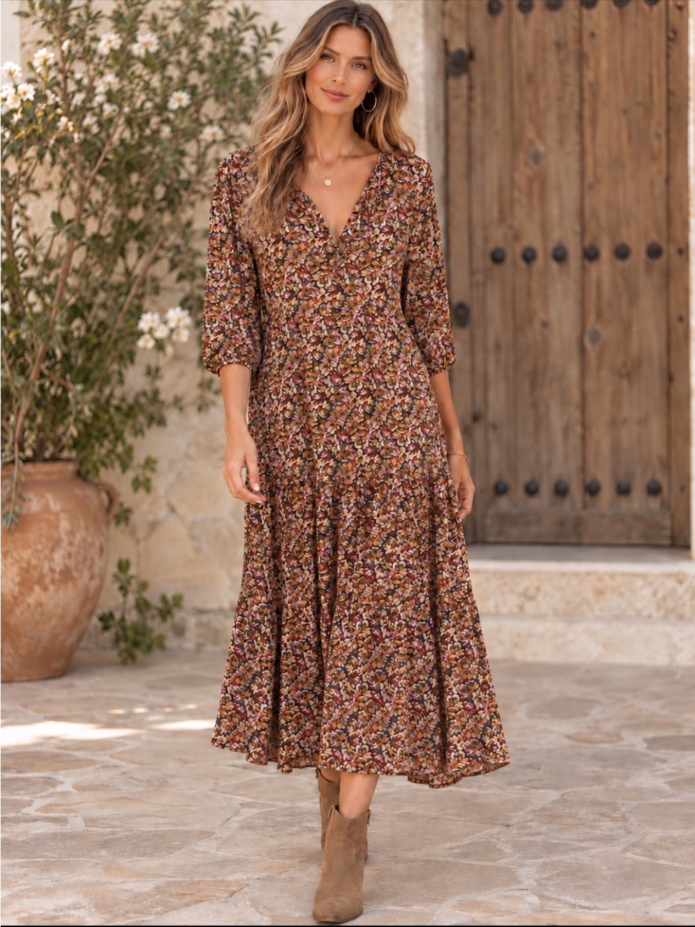 Natural Life Floral Midi/Maxi Brown Dress Tiered Size M